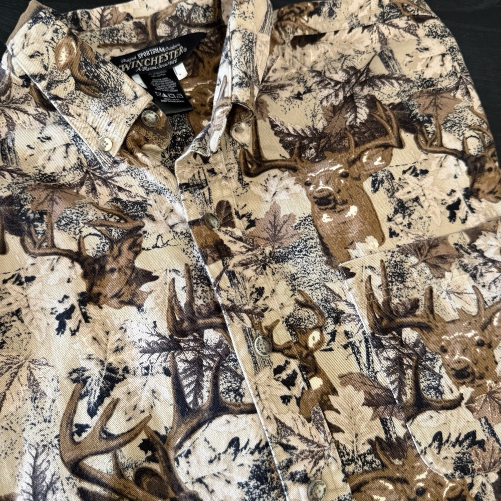 Winchester Mens L Long Sleeve Button Up Deer Camo Hunting Shirt Soft Outdoor
